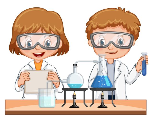 Niño y niña hacen experimento de ciencia juntos vector