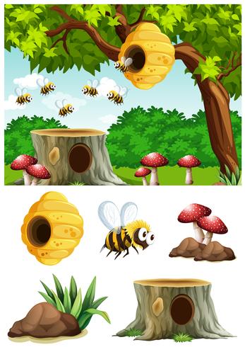Bees flying around beehive in park vector