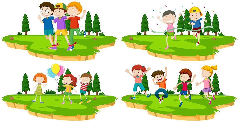 Four scenes of kids playing games in park vector