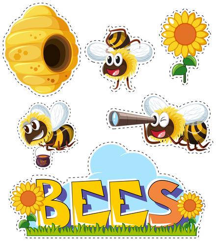 Sticker set for bees and hive vector