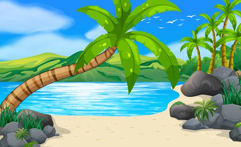 Escena de playa con cocoteros en tierra vector