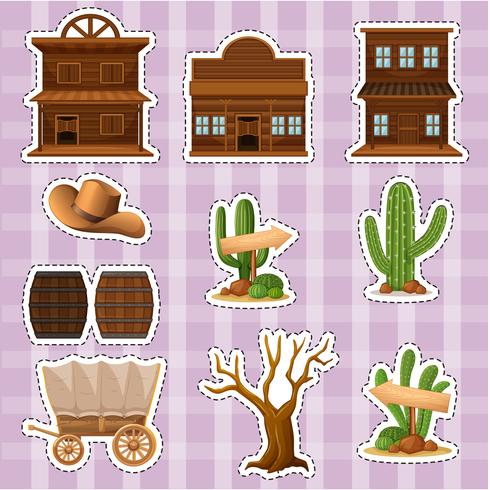 Sticker design with western style of buildings and cactus vector