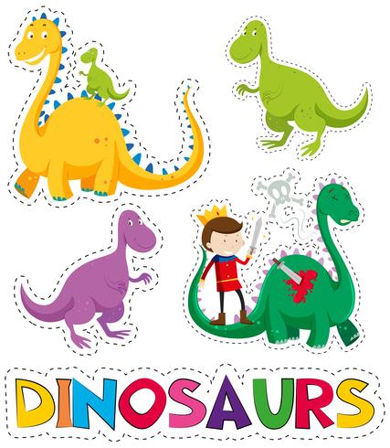 Dinosaurios y príncipe en diseño de etiqueta. vector