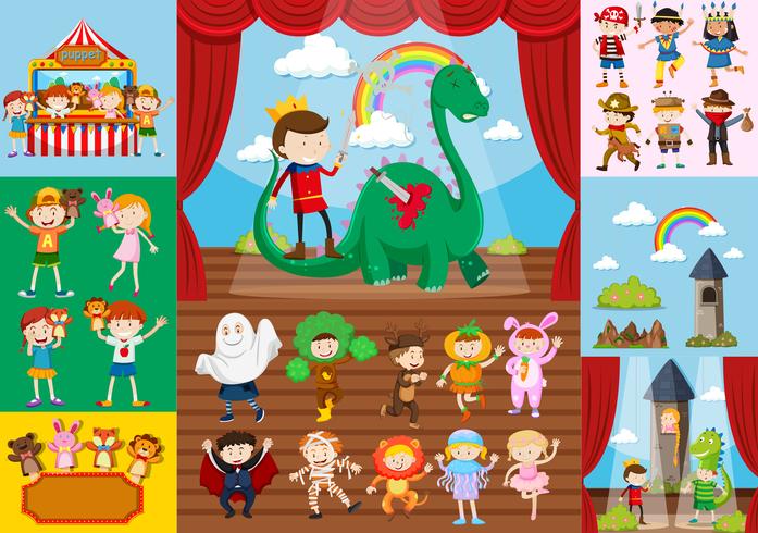 Escenas de drama infantil y escolar. vector