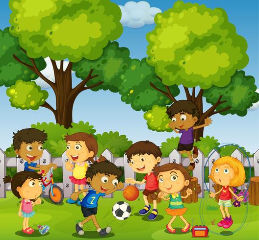 Children playing games and sports in park vector