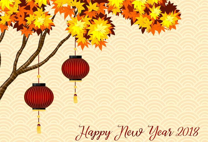 Happy new year card template with red lanterns on tree vector