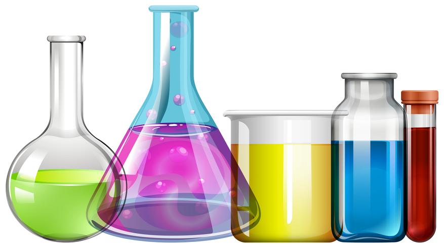 Glass beakers with colorful liquid vector