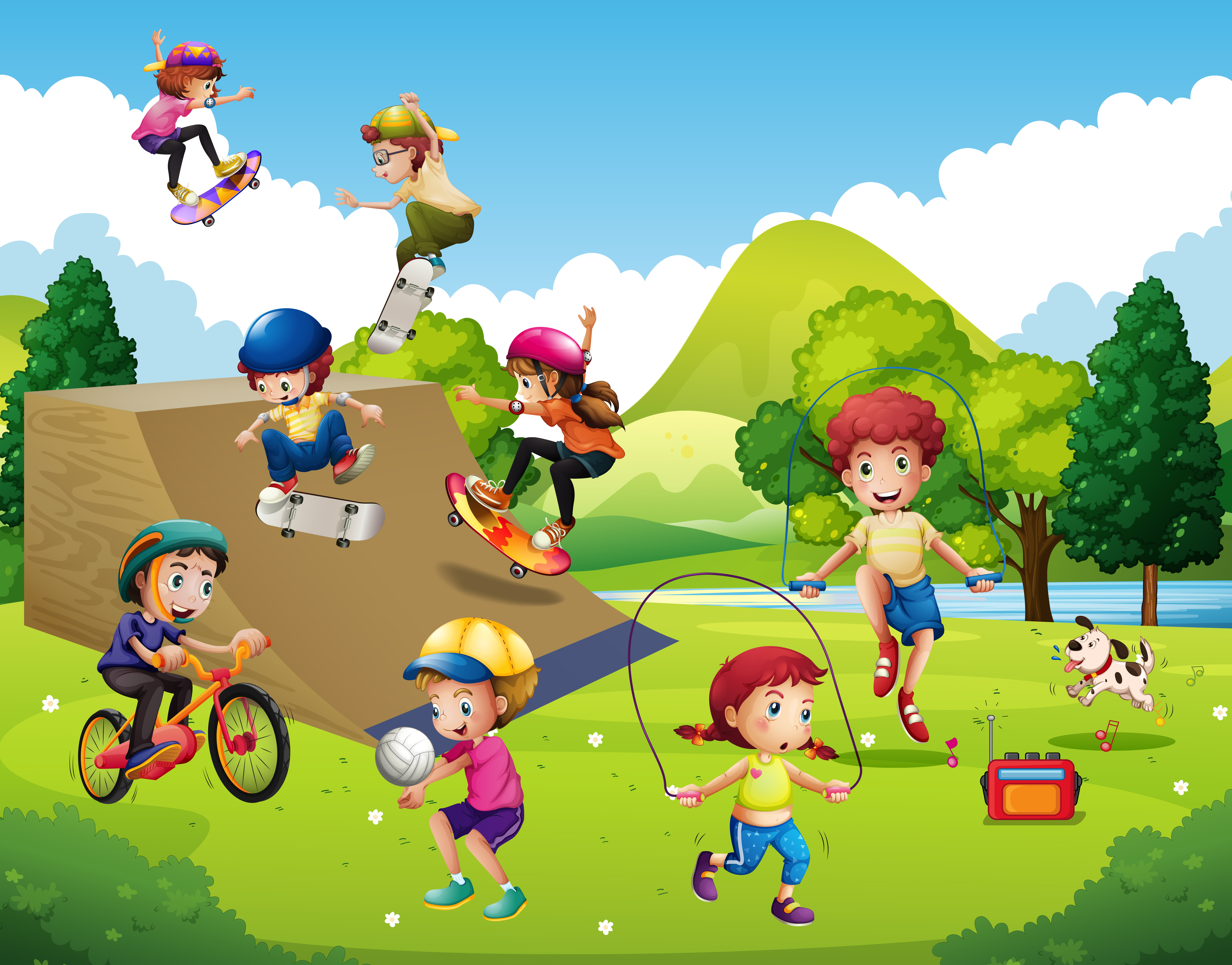 Kids playing different sports in park 447884 Vector Art at Vecteezy