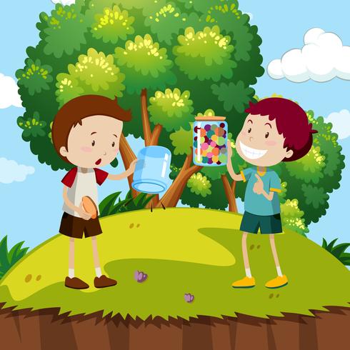 Dos niños con mármoles de colores en el parque. vector