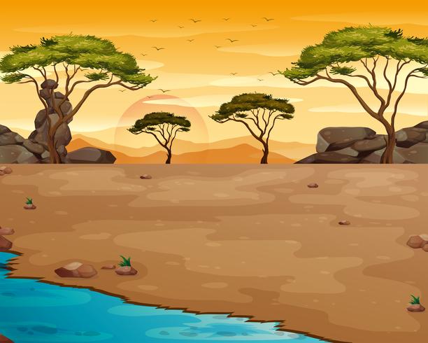 Escena de la naturaleza con el río al atardecer vector