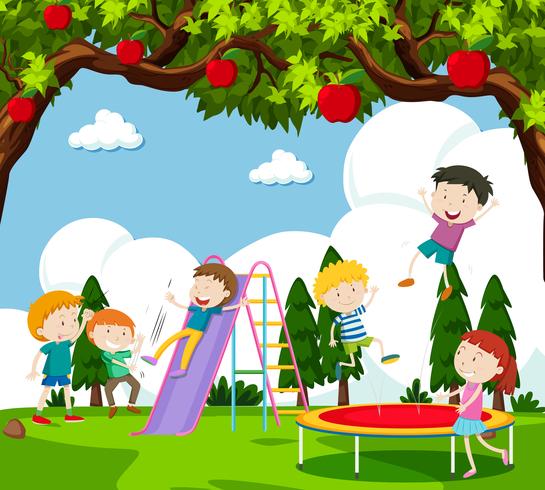 Children playing slide and bouncing on trampoline vector