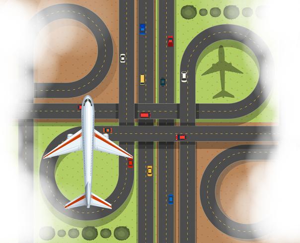 Escena aérea con avión y carreteras. vector