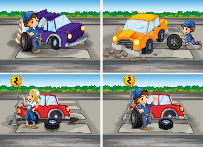 Escenas de accidentes con coches rotos y mecánicos. vector