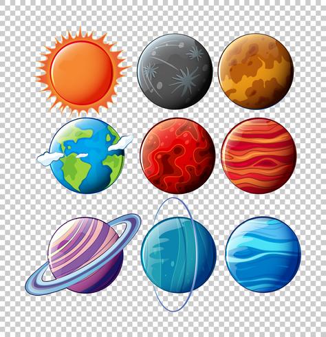 Diferentes planetas en el sistema solar sobre fondo transparente. vector