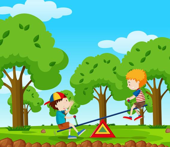 Two boys playing seesaw in the park vector