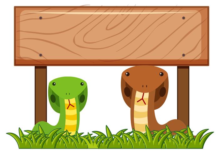 Wooden sign template with two snakes underneath vector