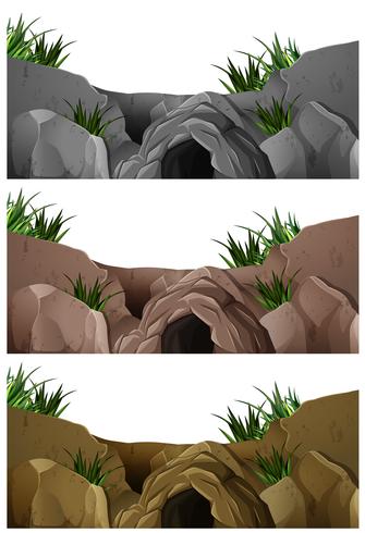 Tres escenas de cueva en la montaña rocosa. vector