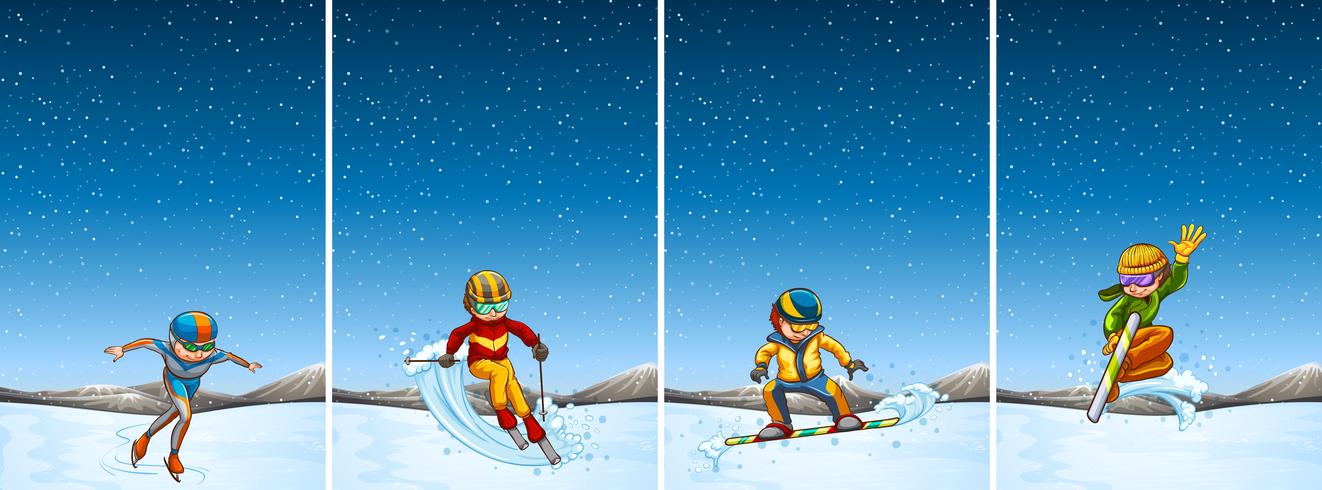 Cuatro escenas con personas esquiando y practicando snowboard. vector