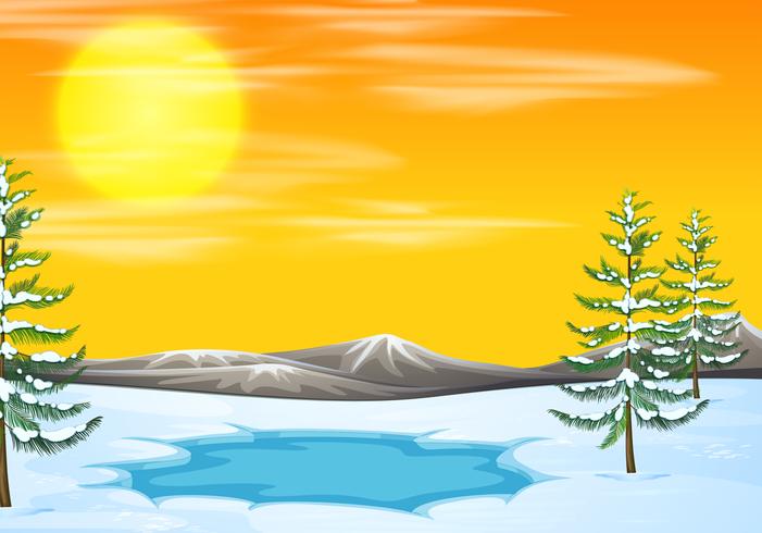 Escena de nieve al atardecer vector