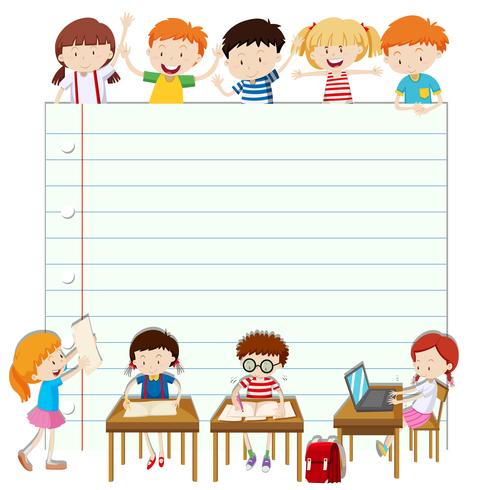 Line paper design with children in classroom vector