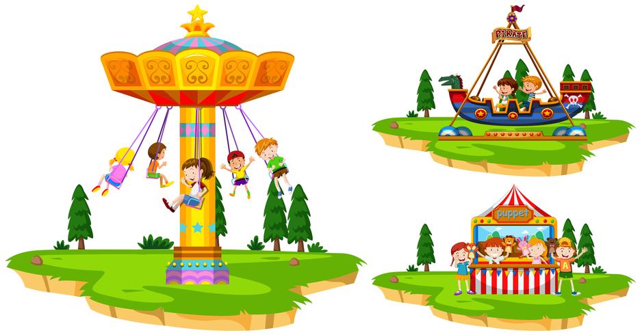 Children playing on rides in the park vector