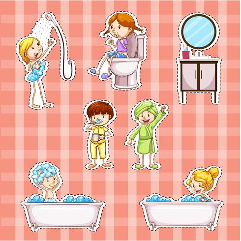 Sticker design with kids doing things in bathroom vector