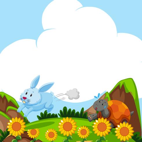 Rabbit and turtle running in the field vector