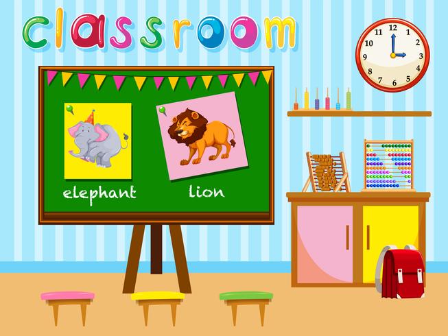 Kindergarten classroom with board and chairs vector
