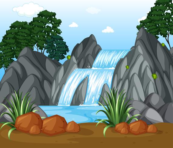 Escena de fondo con cascada en el bosque vector