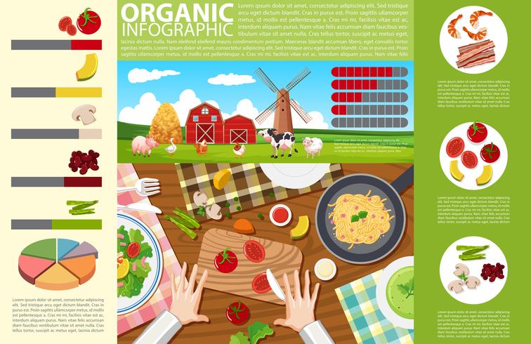 Diseño infográfico con alimentos y granja orgánica. vector