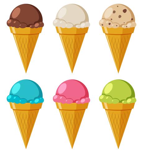 Helado de diferente sabor en cono. vector