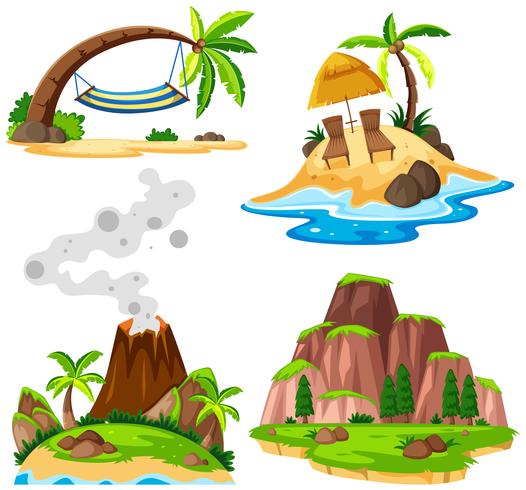 Cuatro escenas de isla y playa. vector