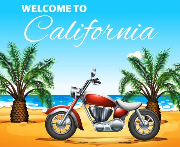 Bienvenido al diseño de carteles de California con motocicleta en la playa. vector
