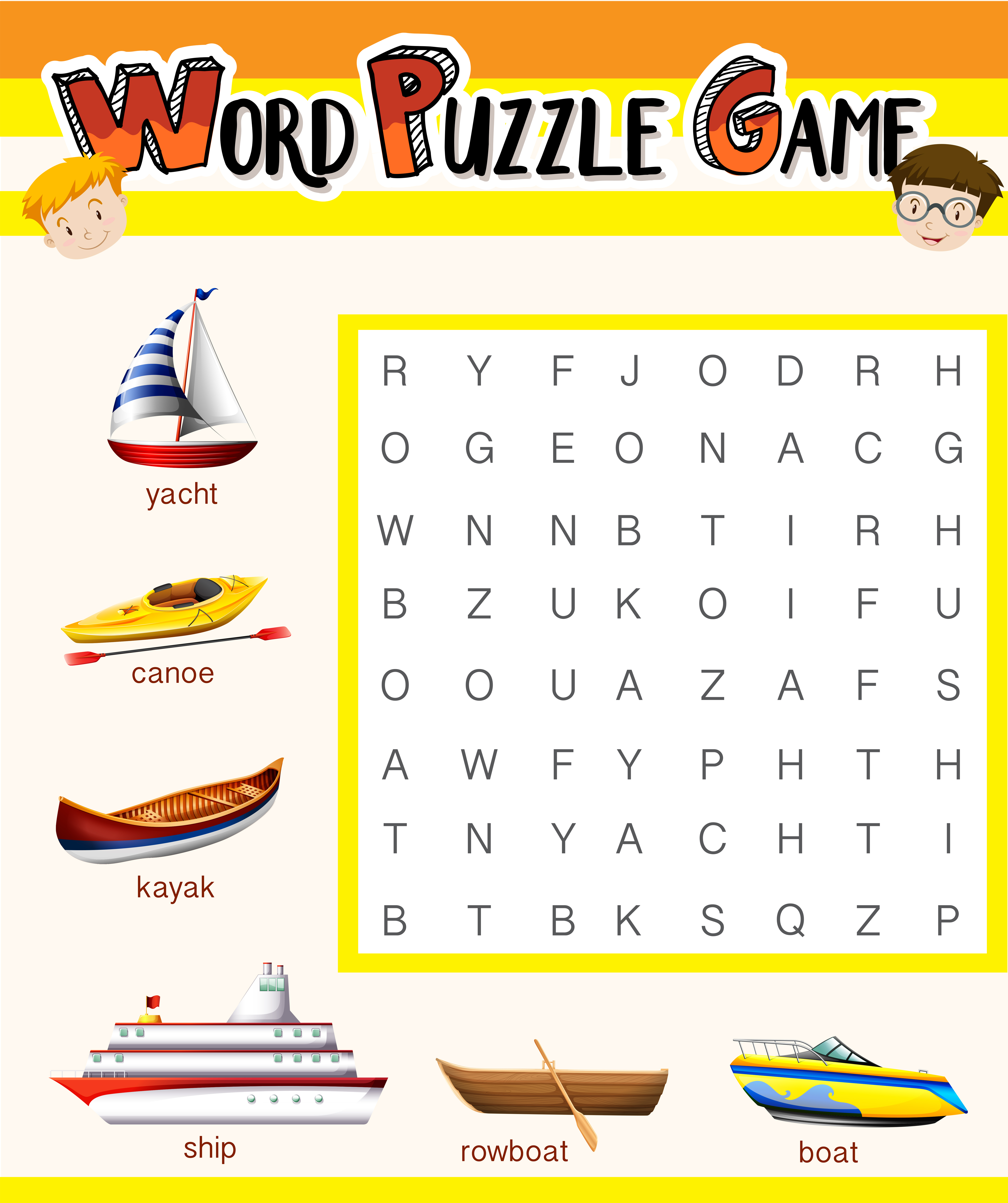 Word puzzle game template with water transportations 448187 Vector Art