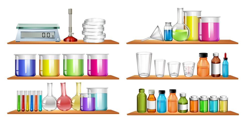 Equipos de ciencia en la estantería. vector