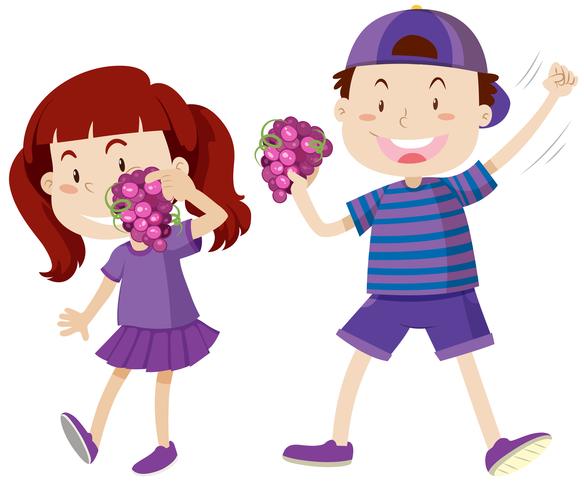 Niño y niña en púrpura sosteniendo uvas vector