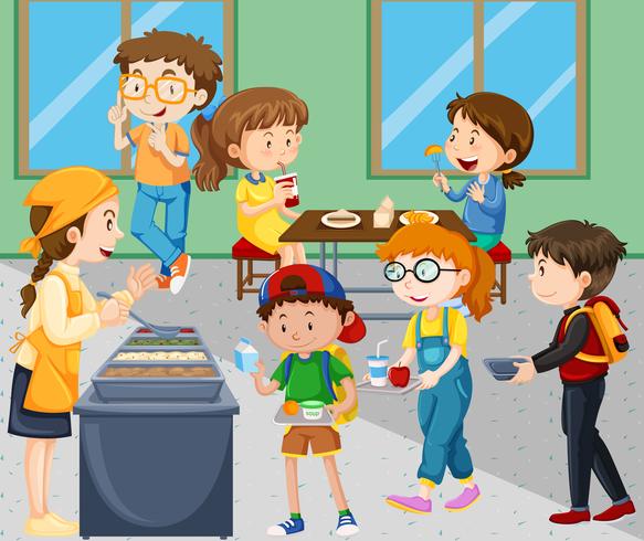 Children eating lunch in cafeteria vector