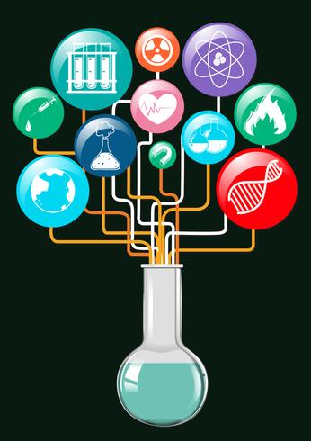 Símbolos de ciencia y recipiente de vidrio. vector