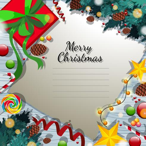 Merry christmas card template with present and ornaments