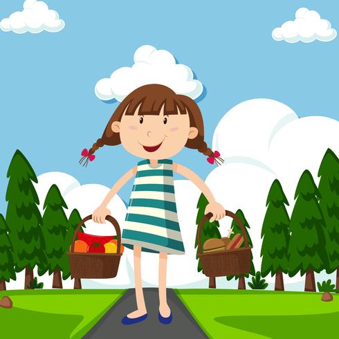 Happy girl with baskets full of food in park vector