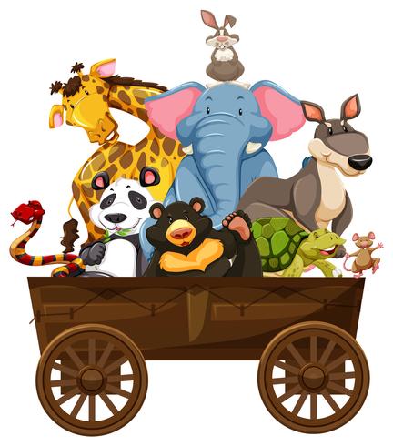 Many wild animals on wooden wagon vector