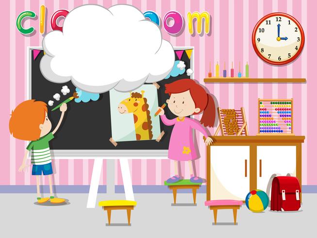 Boy and girl drawing and paintin in classroom vector