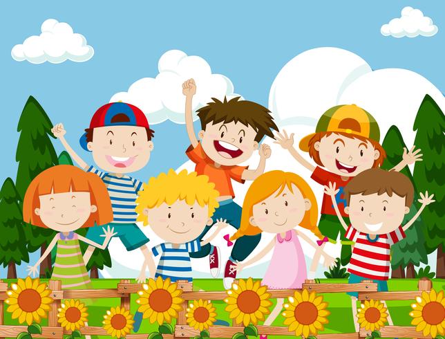 Niños felices en el jardín de flores vector