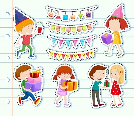 Diseño de pegatinas con niños felices y decoraciones de fiesta. vector