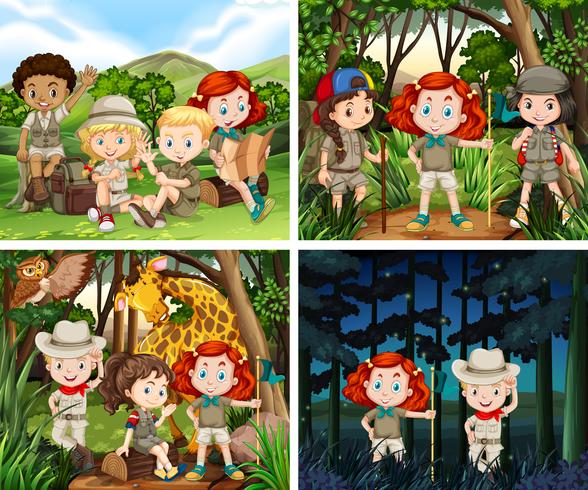 Cuatro escenas de niños acampando en el bosque. vector