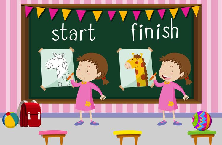 Opposite words for start and finish with girl drawing giraffe vector