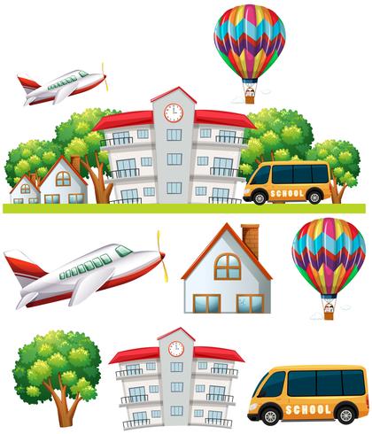 School scene with building and transportations vector