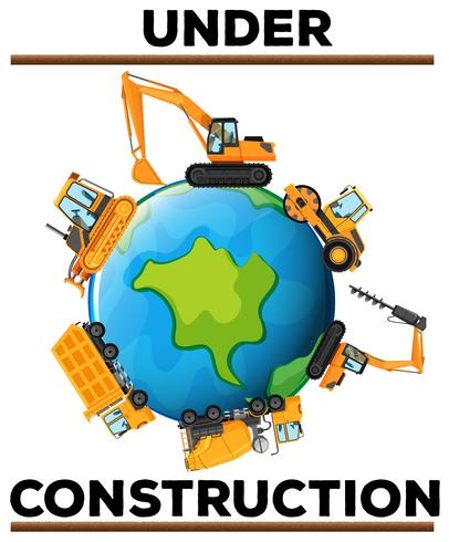 Under construction poster with machines on earth vector