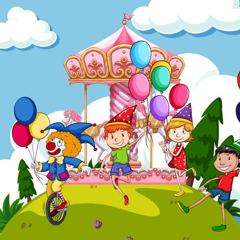 Escena con niños y payaso en funpark vector