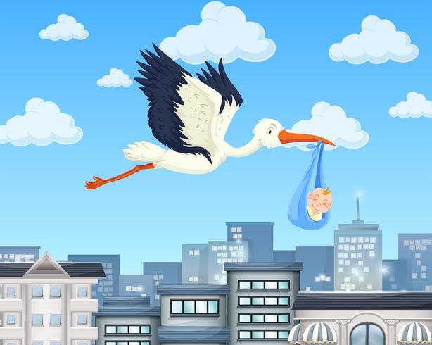 Crane flying over the city with baby boy vector